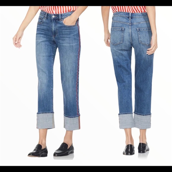 VINCE CAMUTO Cuffed Straight Leg Jeans With Racer Red Stripe & Pockets Blue Sz 4 - Picture 3 of 11